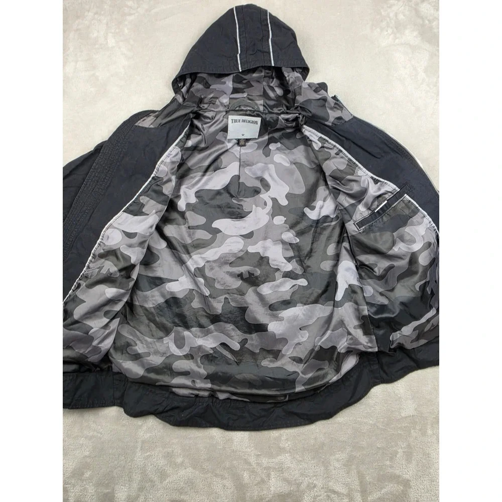 True Religion Moto Jacket‎ Mens Large Black Camo Lined Zip Hood Biker Reflective